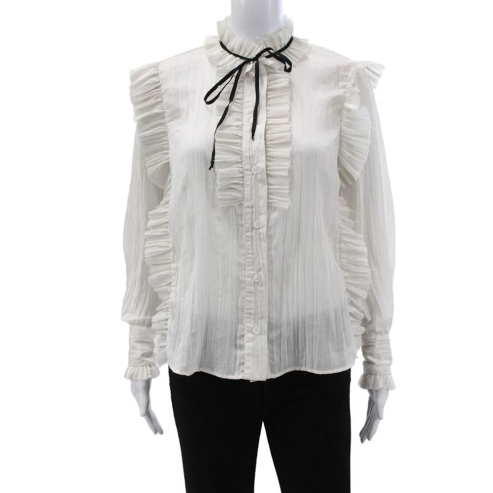 Secular Women High Neck Tunic Blouse Long Sleeve White Button Polyester Size XS